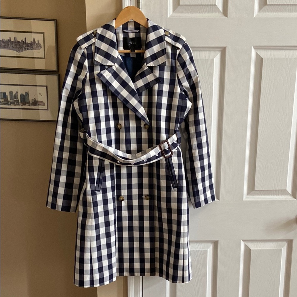 J.Crew Navy and White Checkered Trench Coat, sz 10